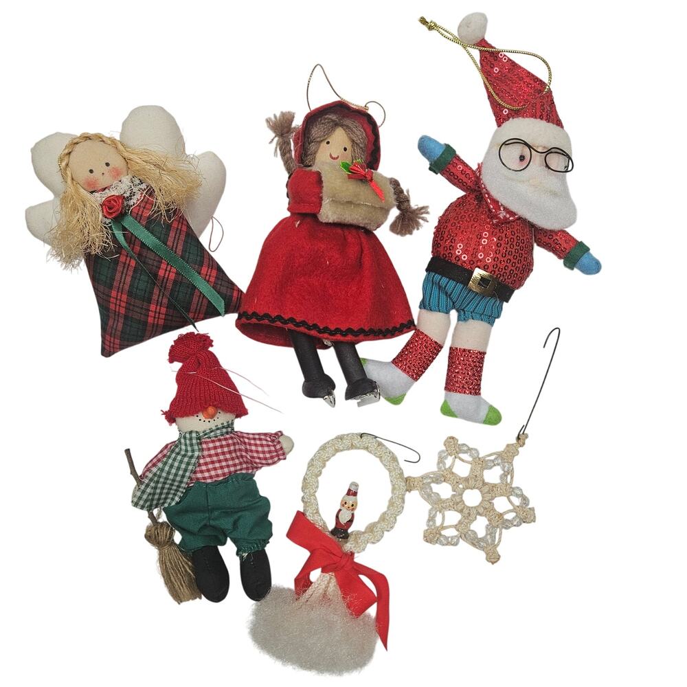 Lot of 6 Vintage Ornaments Fabric, Hand-made Country Rustic Farmhouse Cottage